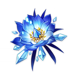 The flower of the Blizzard Strayer artifact set, Snowswept Memory. It's a dark blue flower with a pale blue centre, with shards of ice around the outside of the petals and in the centre of pollen.