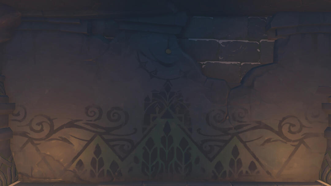 An image of a mural in the mural room. It depicts a forested mountain range with a castle on top. A large circle descends from the sky with a yellow dot in the centre, and wind blow in from both sides.