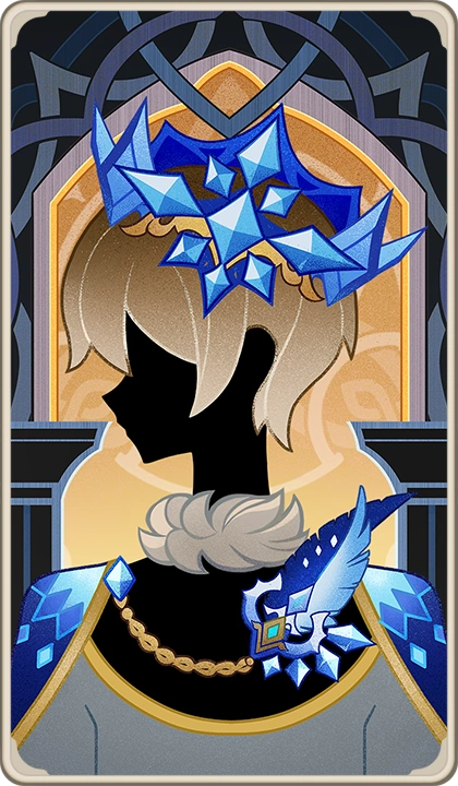 An image of Imunlaukr. He wears the crown and feather pieces from Blizzard Strayer, as well as a matching blue cape. He has short, light-brown to dirty blond hair, and his other features are blacked out.